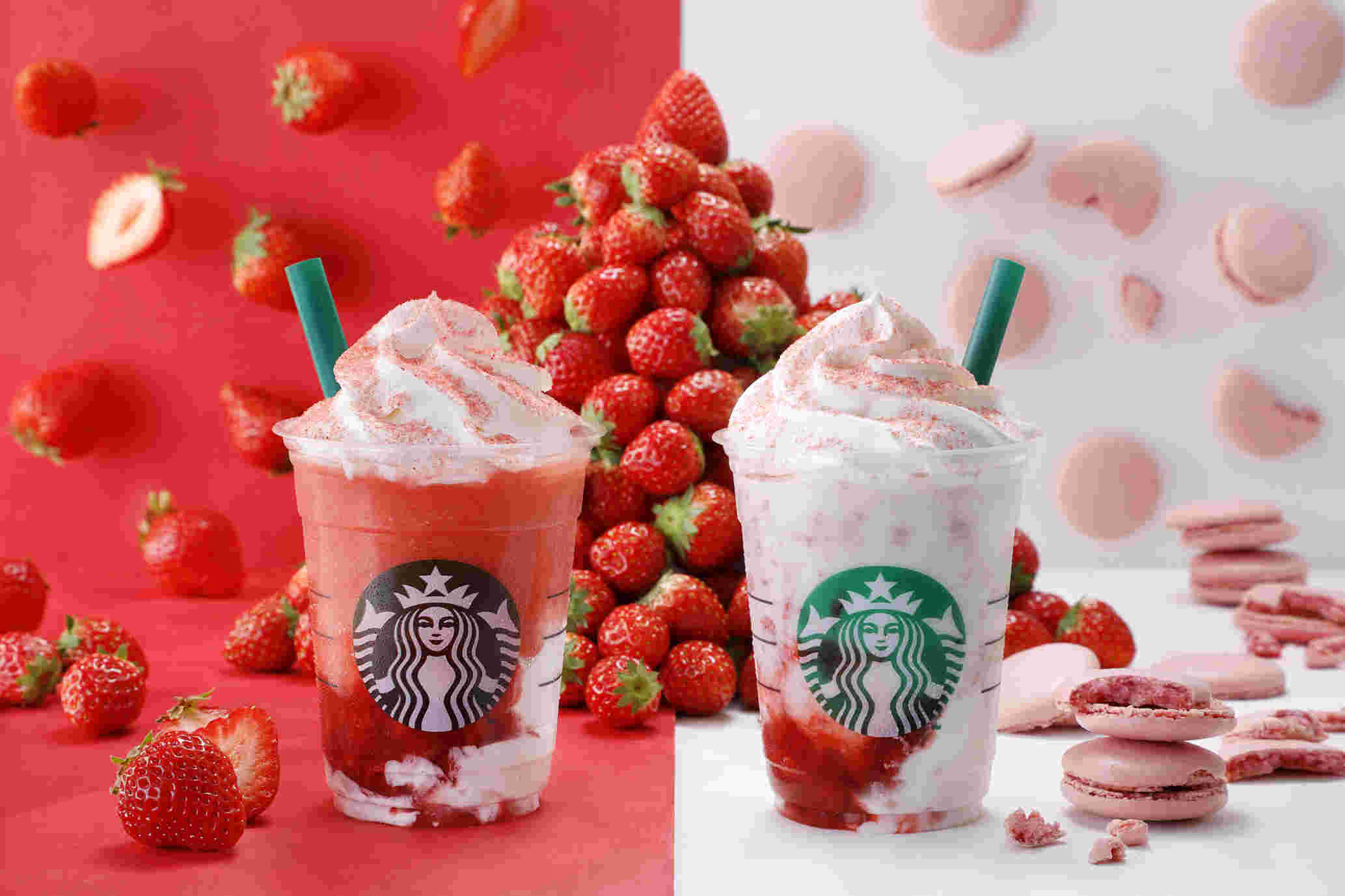 ストロベリーベリーマッチフラペチーノのレッドとホワイト