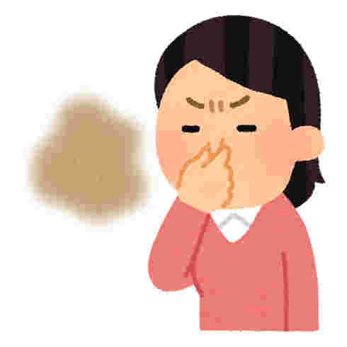 嫌な臭いを鼻をつまみおさえている女性のイラスト