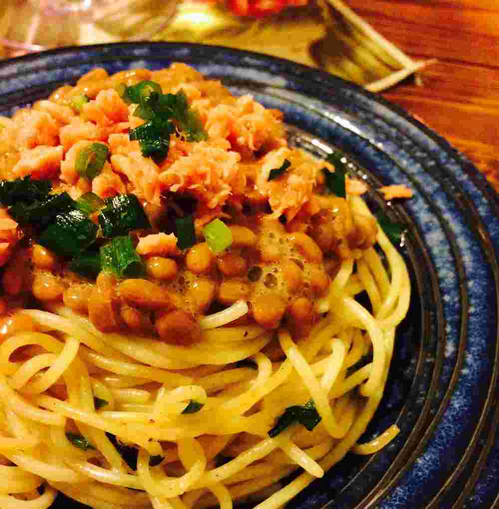 納豆と鮭フレークの和風パスタ