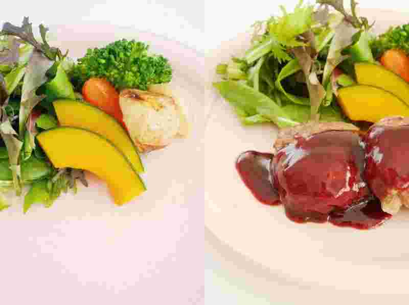 ハンバーグプレートに暖色系の野菜を添えるなどの紹介