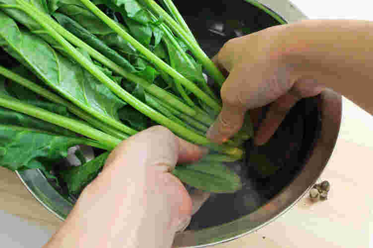 ほうれん草を洗う