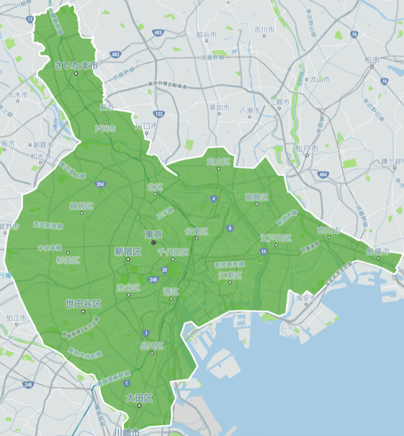 首都圏の地図と緑色でウーバーイーツの対応エリア