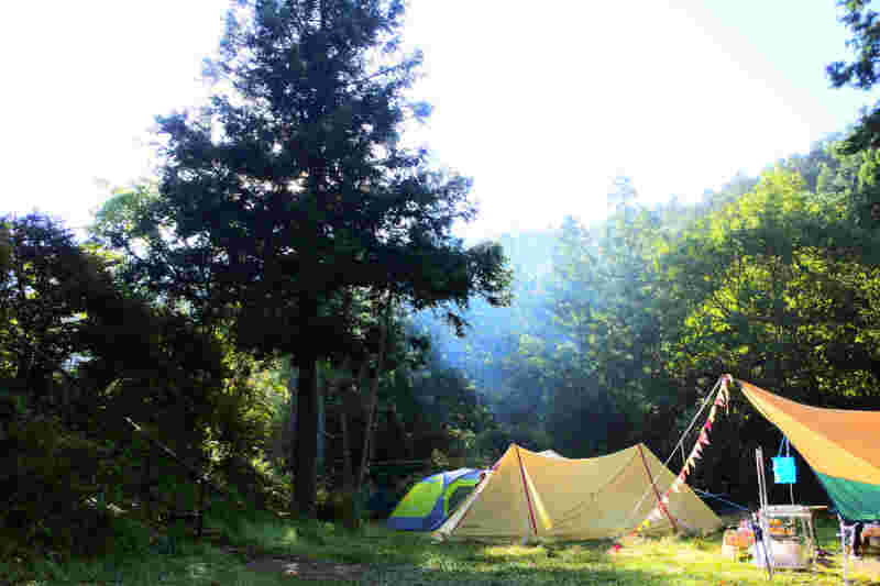キャンプ場でテントを張った風景