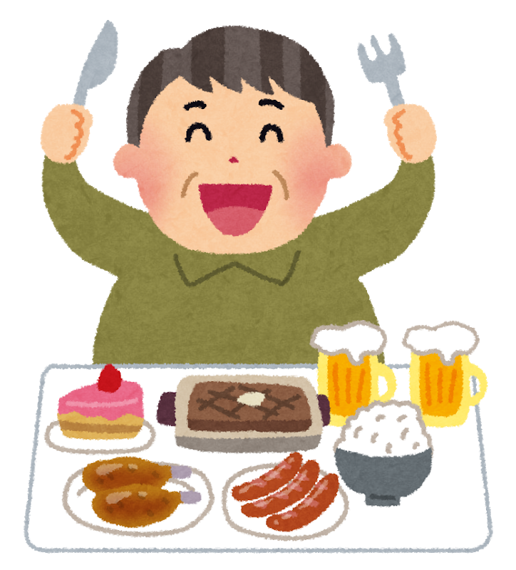 高カロリーな食事と太った男性のイラスト