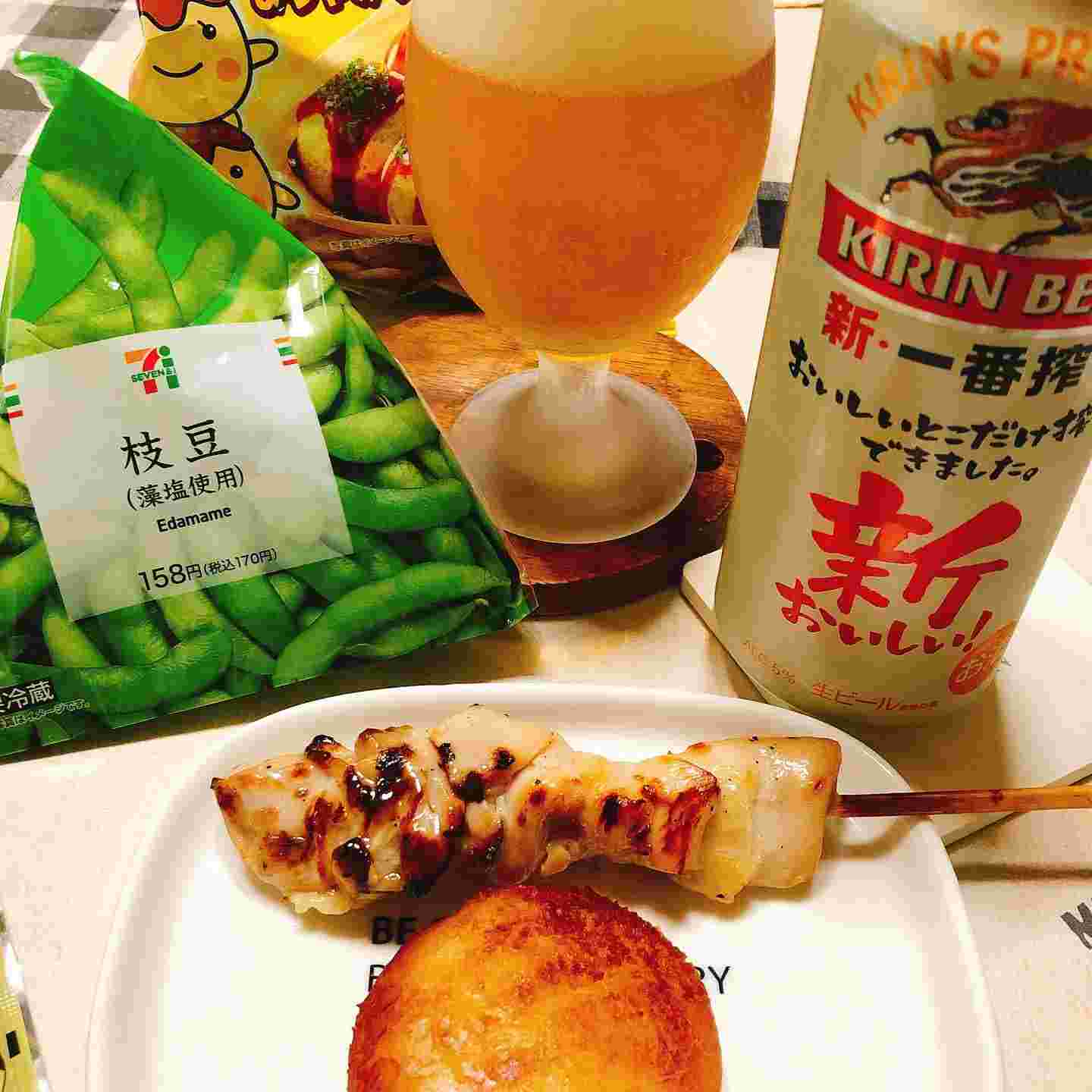 一番搾りとセブンイレブンのおつまみ