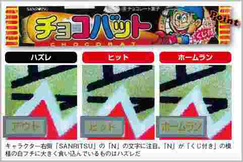 チョコバットの当たりの見分け方（SANRITSUのNの文字に注目）
