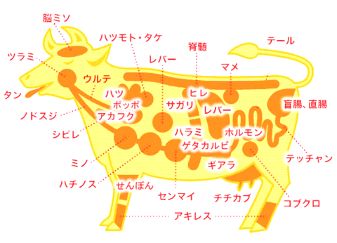 牛肉の各部位ごとに説明している図表