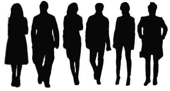 白をバックに6人の黒い影の人が写っている様子。