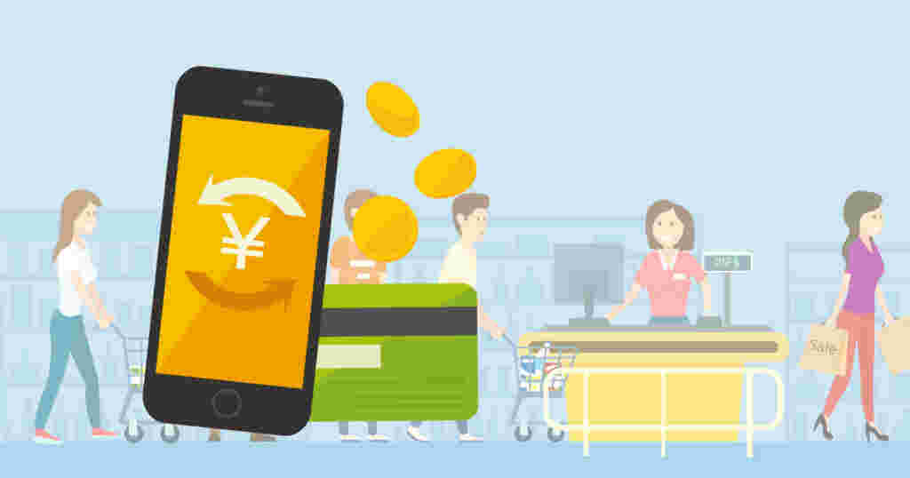 買い物レジを通過する人とスマホとカードのイラスト