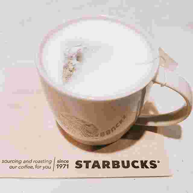 スタバの紙の上にティーラテの入ったコップ