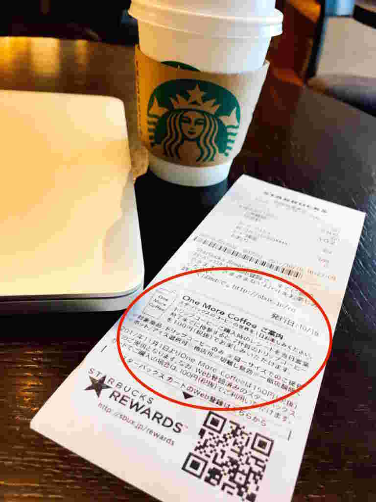 テーブルの上にレシートと飲み物と白いパソコンが置いてある様子。