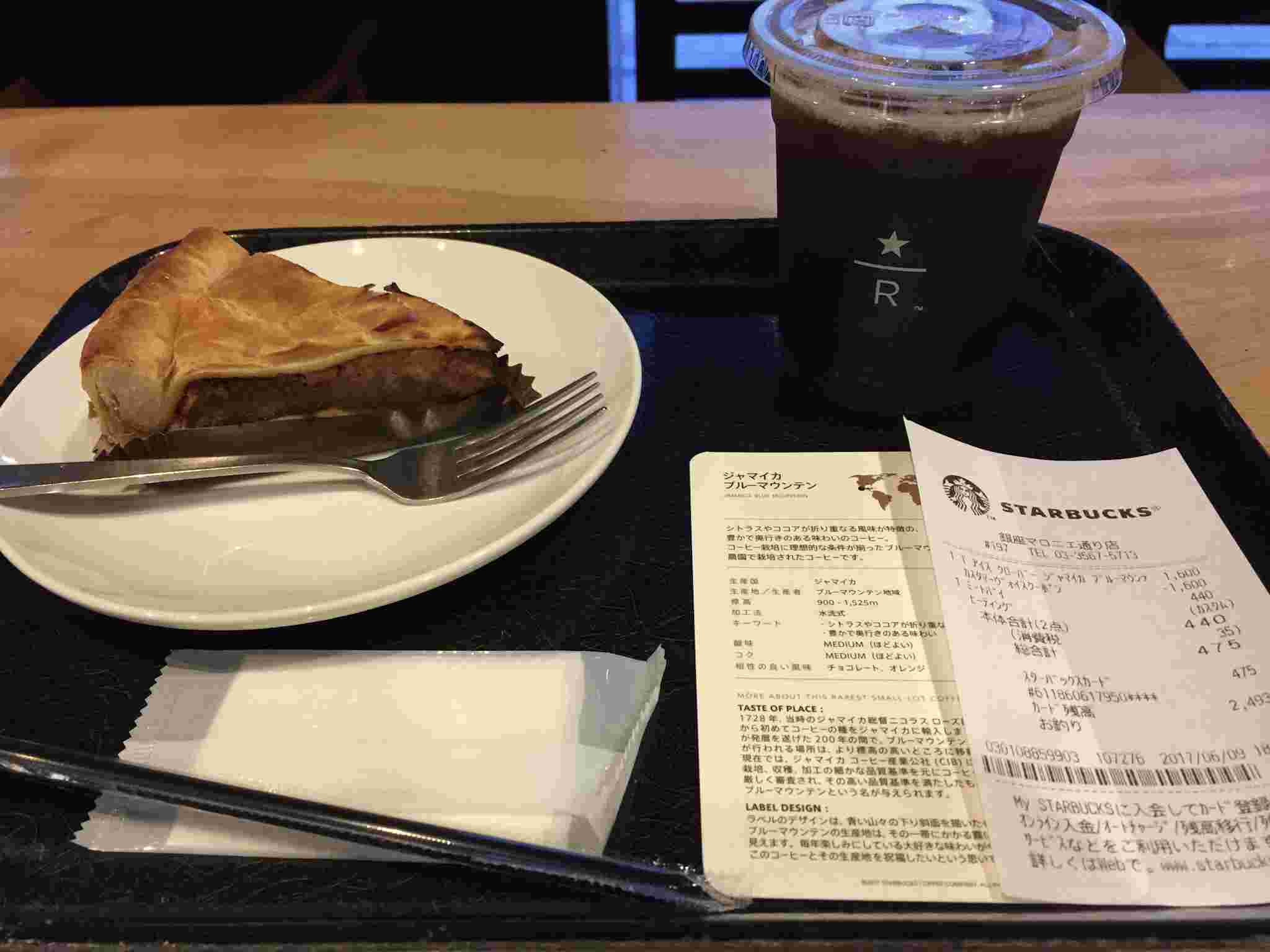 お盆の上に飲み物と食べ物が置かれている様。