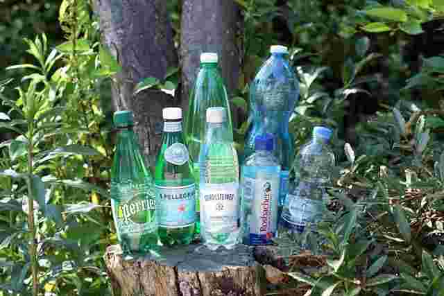 切り株に置かれた海外の炭酸水数種類