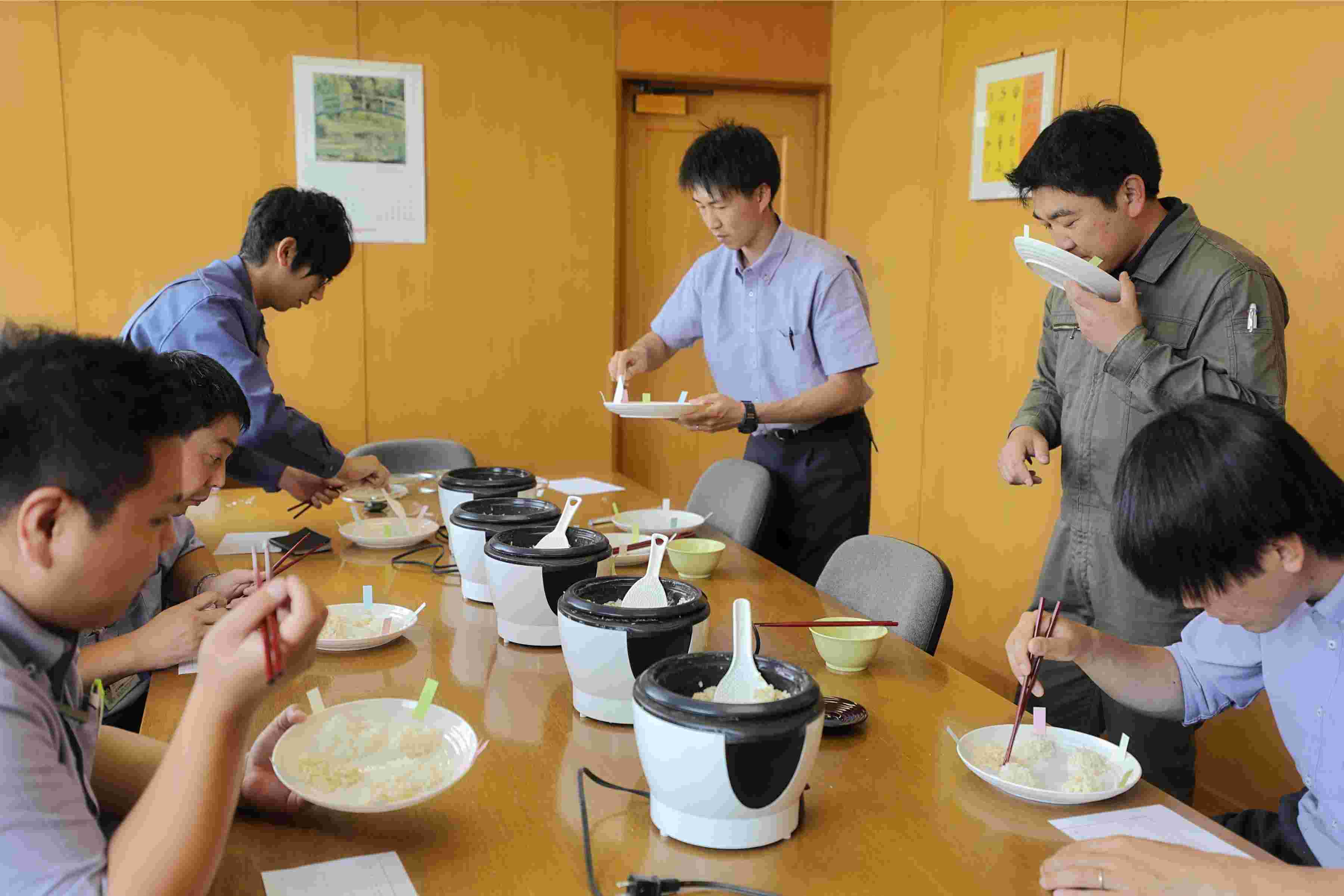食味試験でいろんなお米を食べ比べしてる様子