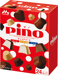 森永乳業から発売されているアイスクリームのピノ。24粒入りのチョコアソートの箱写真。