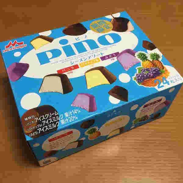 森永乳業から発売されているアイスクリームのピノ。シーズンアソートという24粒入りパッケージの写真。
