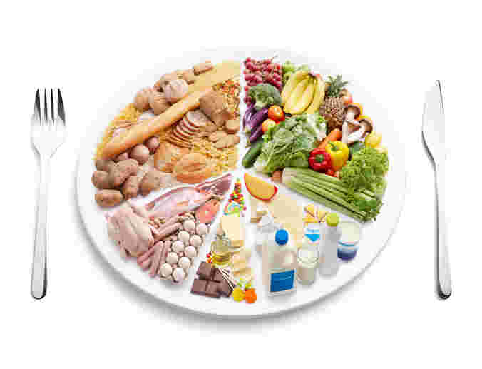 食べ物を４つの栄養群に分けてお皿に乗せている様子