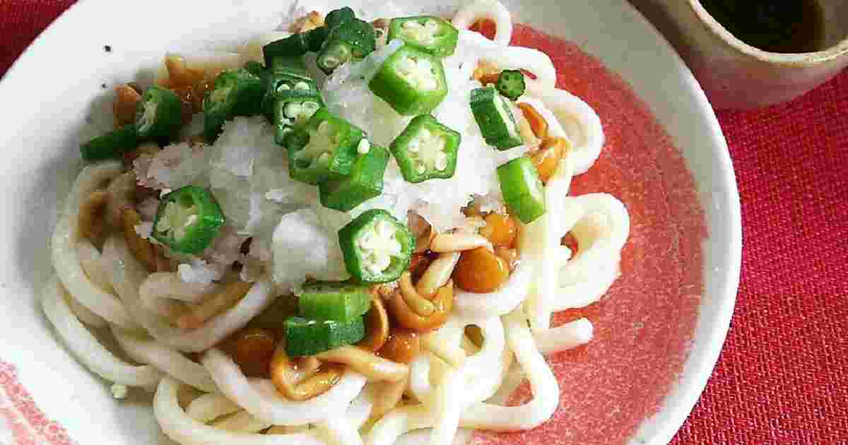 レンジでオクラとなめこのぶっかけうどん