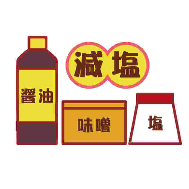 醤油、味噌、塩のイラストの上に減塩と書いてあるイラスト