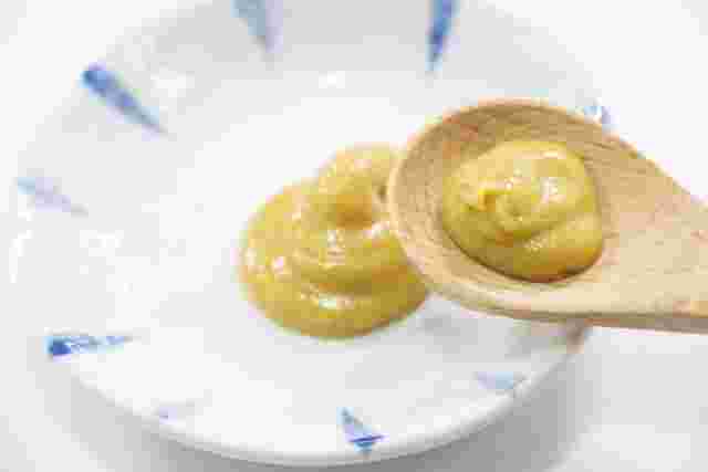 からしがお皿とスプーンに乗っている