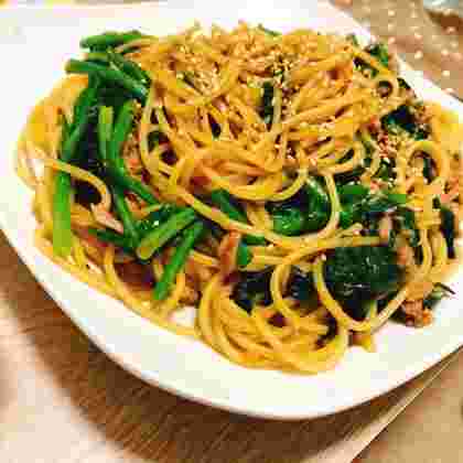 ちぢみほうれん草のパスタレシピ画像