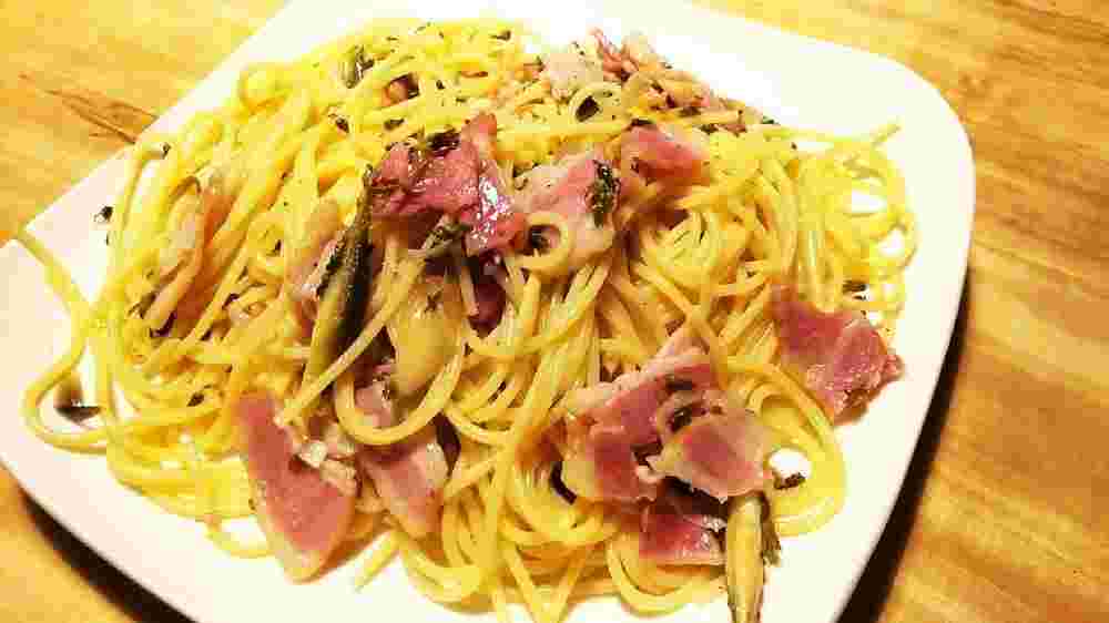 しその実とベーコンのパスタ