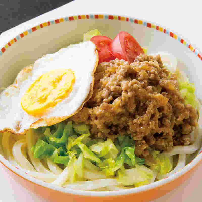 豚ひき肉とキャベツのロコモコ風肉うどん