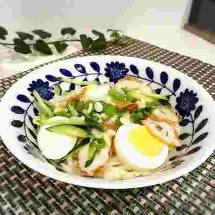 ちくわときゅうり、卵がのった冷やしたぬきうどん