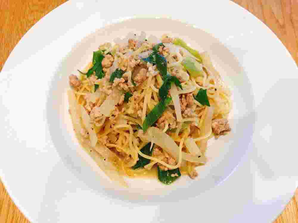 大根とひき肉のパスタ