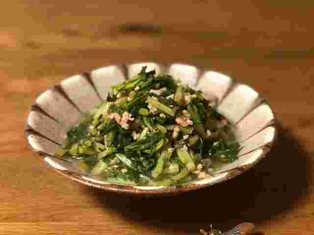 水菜とひき肉の煮浸し