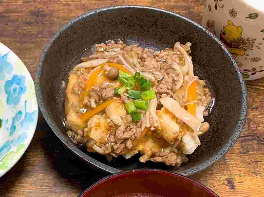 揚げ出し豆腐のたけのことひき肉あんかけ