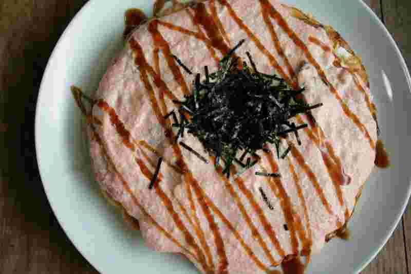 豆腐明太子ソースのお好み焼き