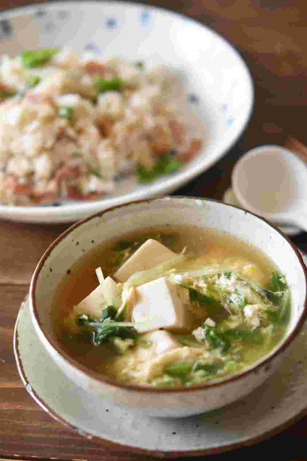 豆腐と水菜のかき玉スープ
