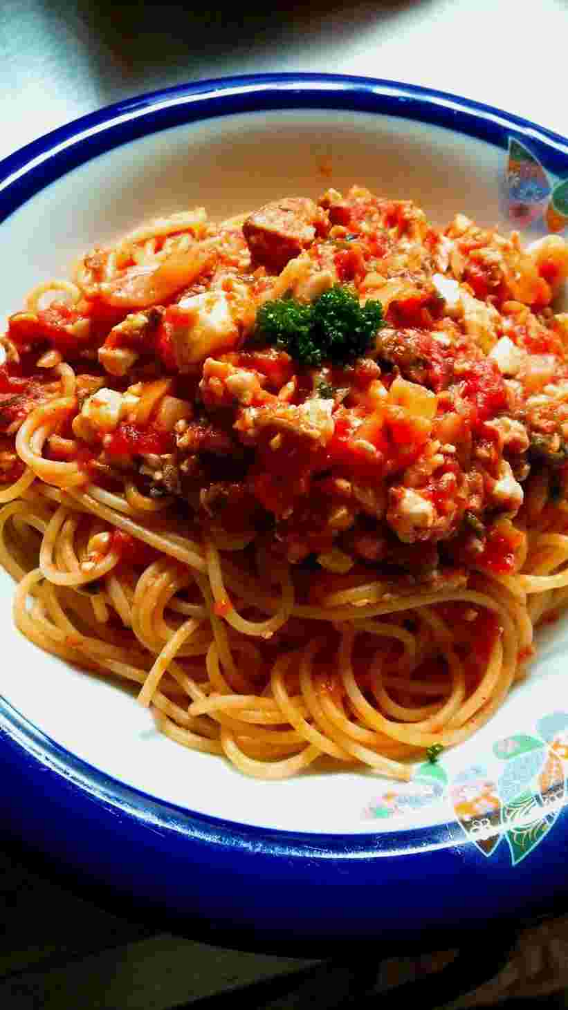 サバ缶と豆腐のトマトパスタのレシピ