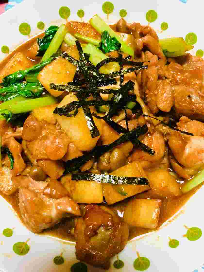 小松菜と鶏肉のわさび醤油炒め