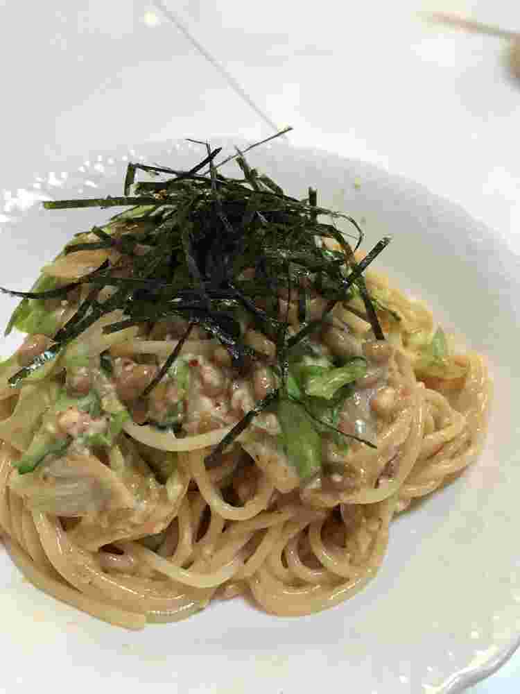 キムと豆腐と納豆の和風マヨパスタ