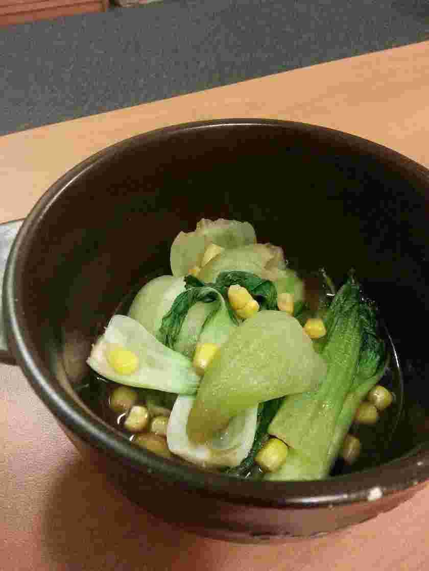 レンジで作るチンゲン菜とコーンのポン酢おひたし