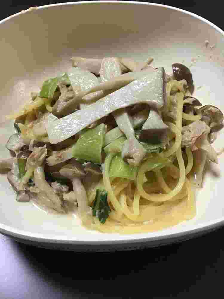 チンゲン菜とエリンギのツナパスタ