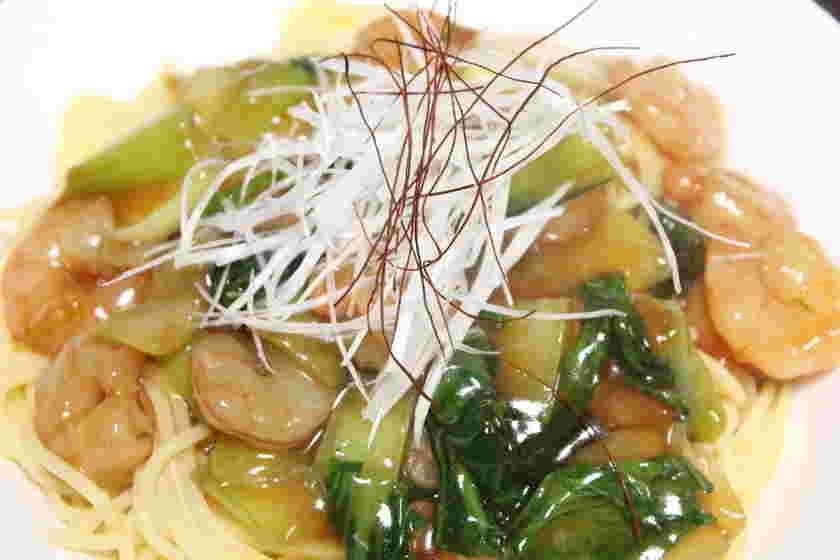 エビとチンゲン菜の中華風あんかけパスタ