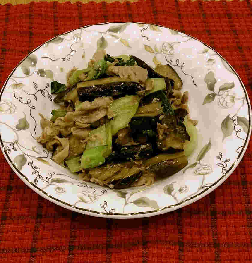 豚肉となすとチンゲン菜の味噌炒め