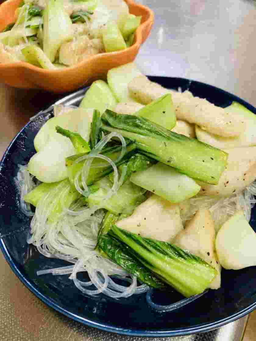 鶏胸肉とチンゲン菜の塩チャプチェ風炒め