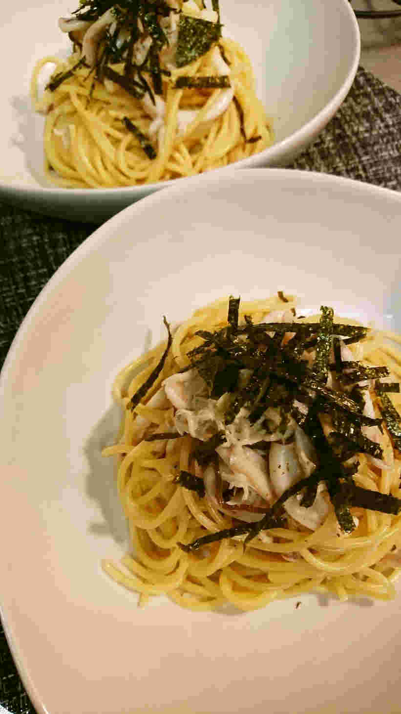 塩昆布を使ったイカとしらすのガーリックパスタ