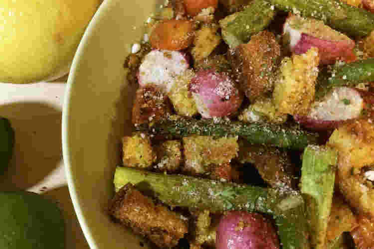 クルトンと野菜グリルのドレシング漬け
