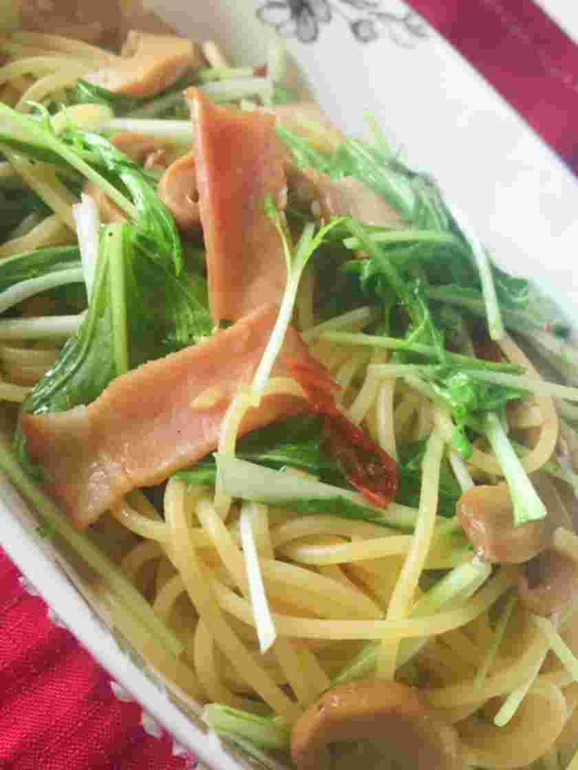水菜とベーコンの和風パスタ