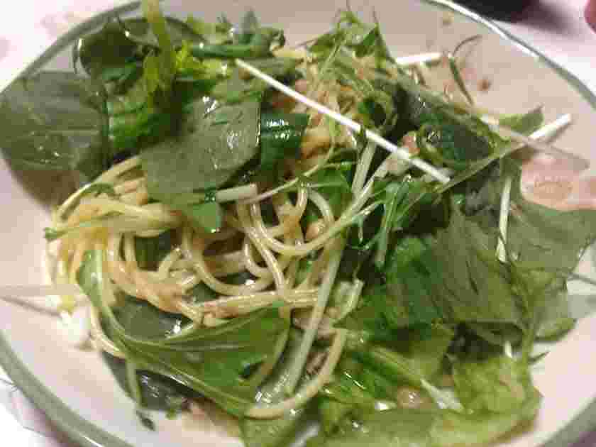 水菜を使ったグリーンミートパスタ
