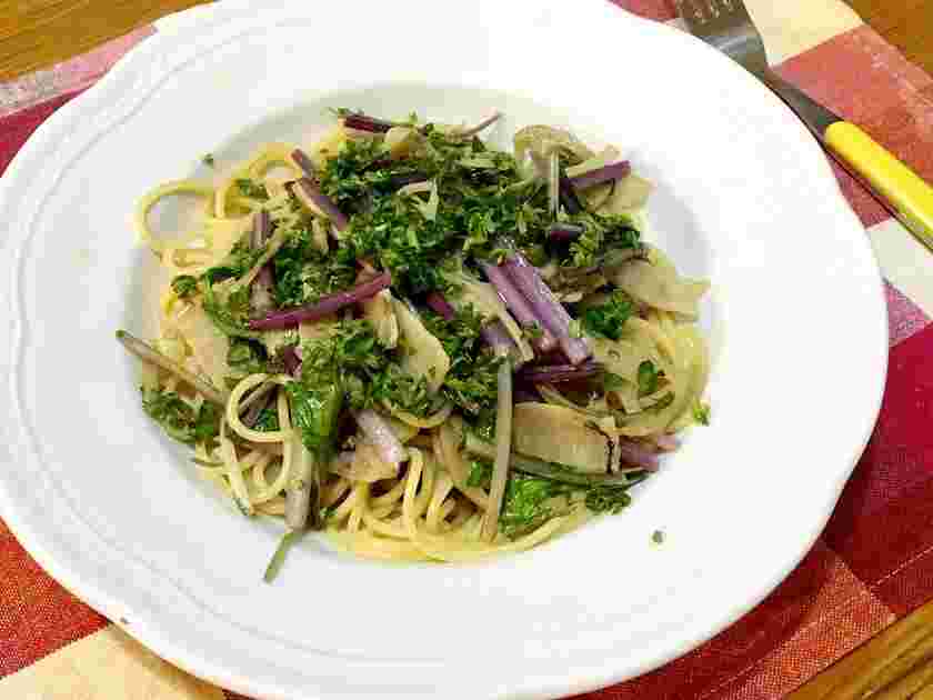 水菜とベーコンと蓮根の和風パスタ