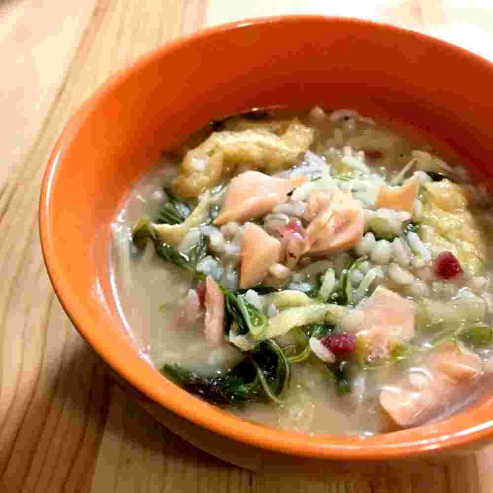 水菜と油揚げの鮭雑炊