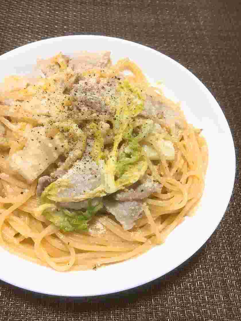 白菜と豚バラの味噌クリームパスタ