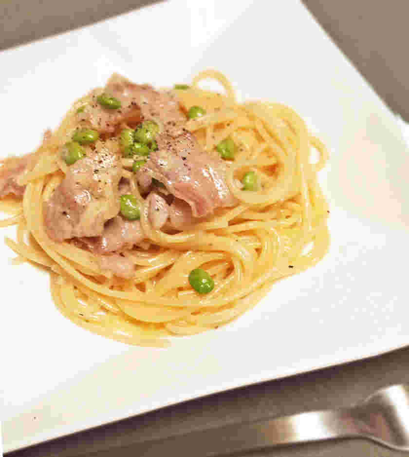 枝豆と豚バラのクリームパスタ