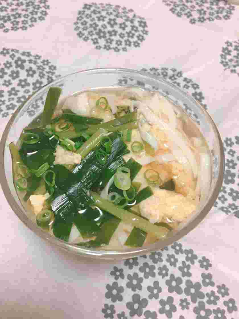 豆腐麺でニラ玉スープ